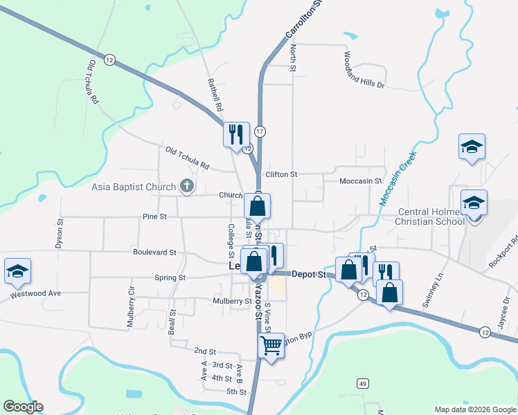 map of restaurants, bars, coffee shops, grocery stores, and more near Mississippi 17 in Lexington