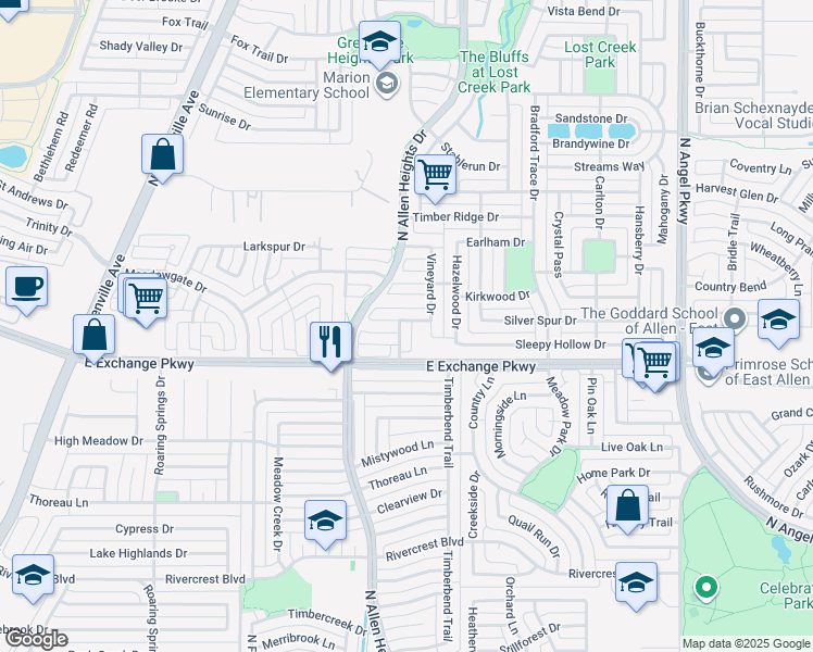 map of restaurants, bars, coffee shops, grocery stores, and more near 1212 Cabernet Drive in Allen
