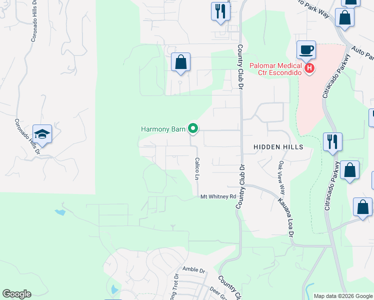 map of restaurants, bars, coffee shops, grocery stores, and more near 2903 Eden Valley Lane in Escondido