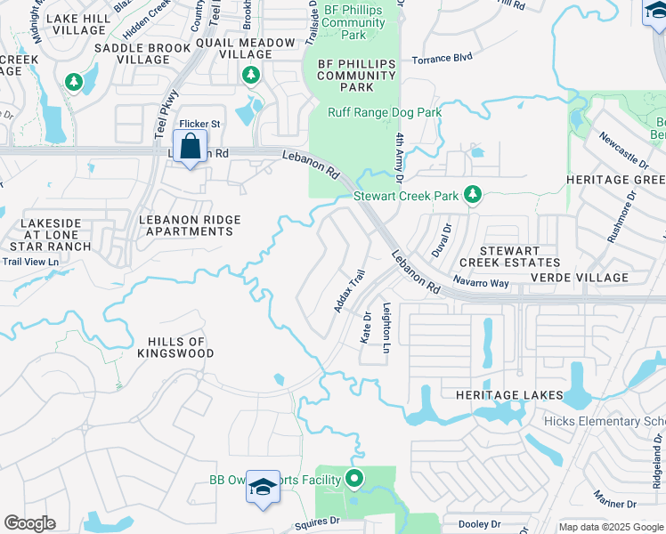 map of restaurants, bars, coffee shops, grocery stores, and more near 4592 Hartebeest Trail in Frisco