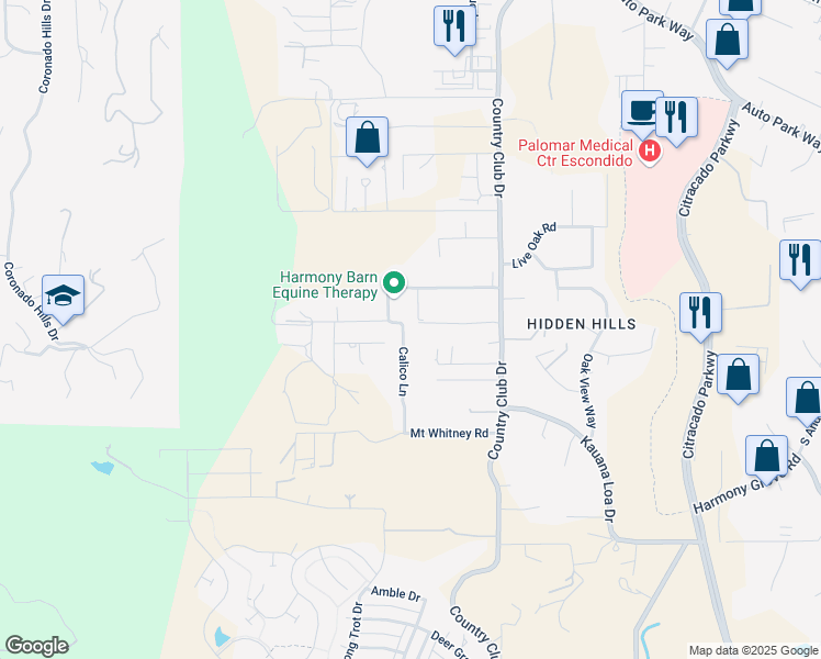 map of restaurants, bars, coffee shops, grocery stores, and more near 1408 Calico Lane in Escondido