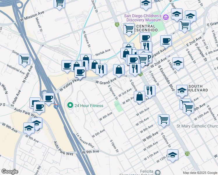 map of restaurants, bars, coffee shops, grocery stores, and more near 101 South Spruce Street in Escondido
