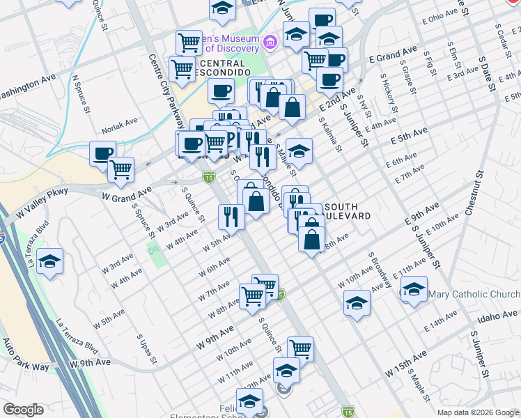 map of restaurants, bars, coffee shops, grocery stores, and more near 350 West 5th Avenue in Escondido