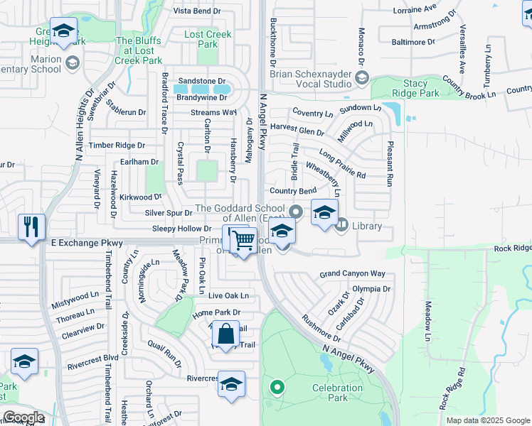 map of restaurants, bars, coffee shops, grocery stores, and more near 1601 Whispering Glen in Allen