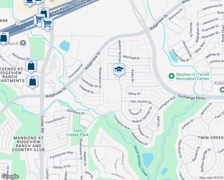 map of restaurants, bars, coffee shops, grocery stores, and more near 1225 Walnut Springs Drive in Allen