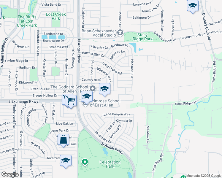 map of restaurants, bars, coffee shops, grocery stores, and more near 1726 Whispering Glen in Allen