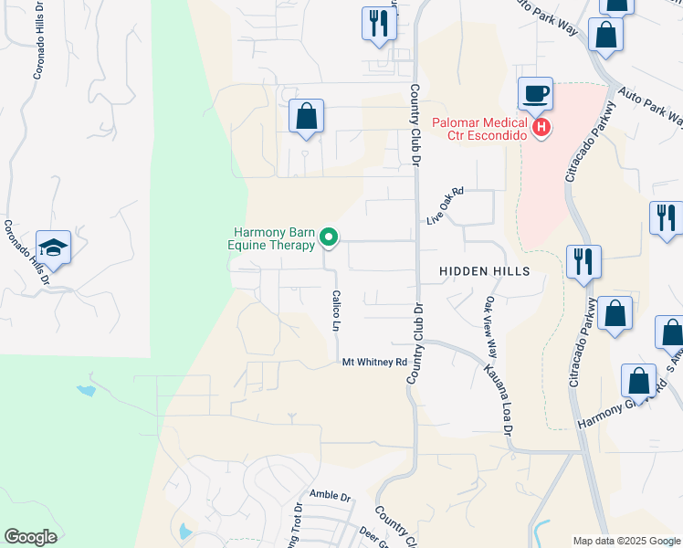 map of restaurants, bars, coffee shops, grocery stores, and more near 1408 Calico Lane in Escondido