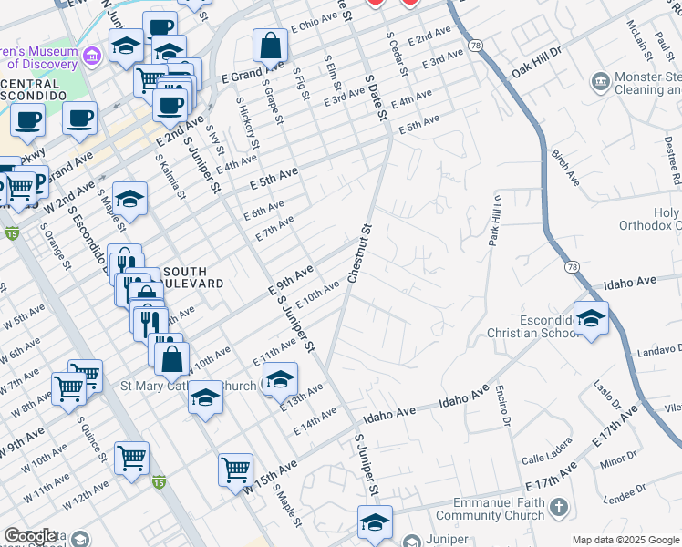 map of restaurants, bars, coffee shops, grocery stores, and more near 550 East 10th Avenue in Escondido