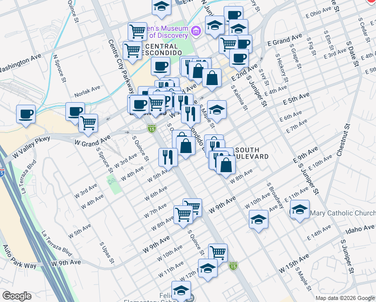 map of restaurants, bars, coffee shops, grocery stores, and more near 317 West 4th Avenue in Escondido