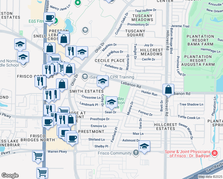 map of restaurants, bars, coffee shops, grocery stores, and more near 4600 Colby Drive in Frisco