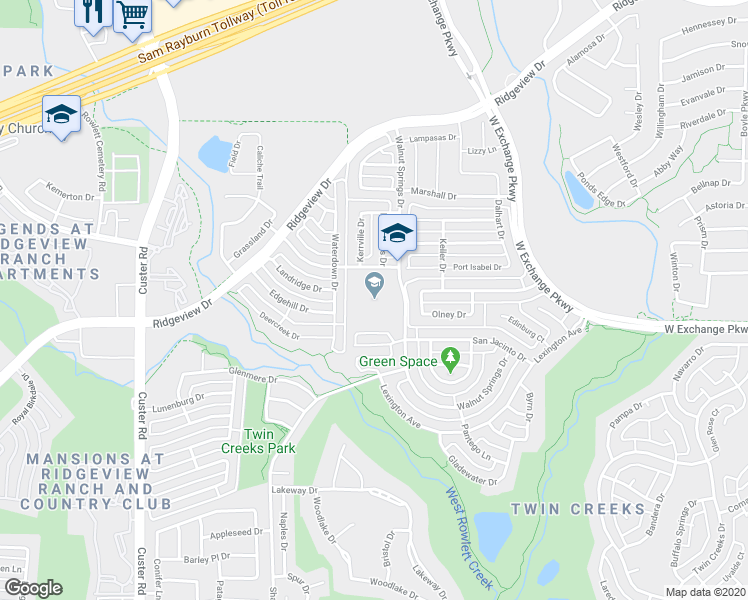 map of restaurants, bars, coffee shops, grocery stores, and more near 1225 Walnut Springs Drive in Allen