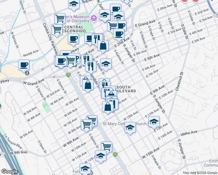 map of restaurants, bars, coffee shops, grocery stores, and more near 210 East 6th Avenue in Escondido