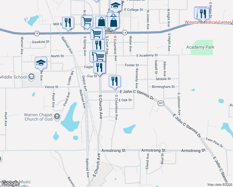 map of restaurants, bars, coffee shops, grocery stores, and more near 116 West John C Stennis Drive in Louisville