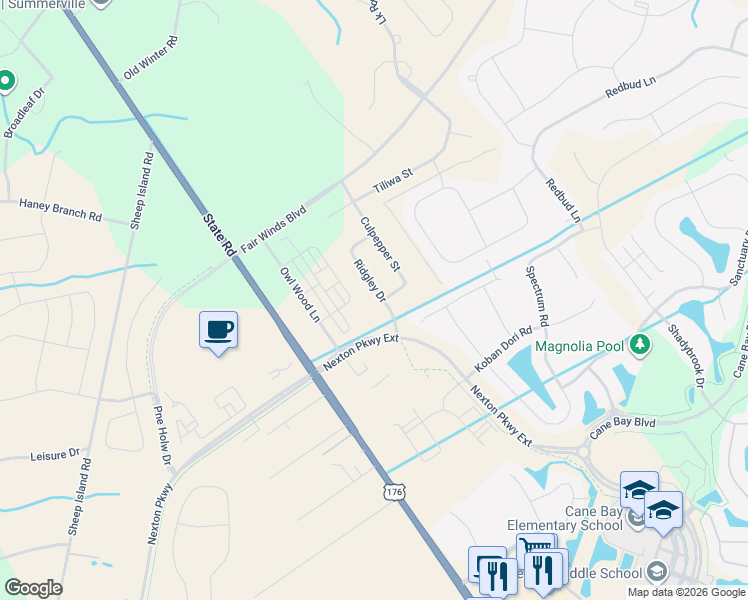 map of restaurants, bars, coffee shops, grocery stores, and more near 100 Oyama Road in Summerville