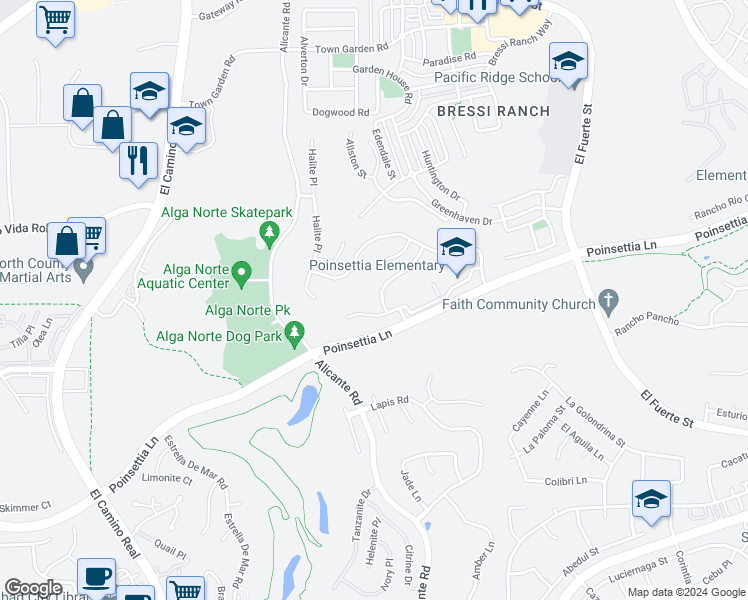 map of restaurants, bars, coffee shops, grocery stores, and more near 6687 Titanite Place in Carlsbad