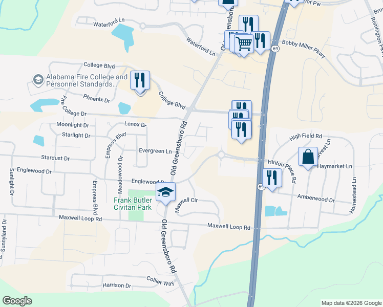 map of restaurants, bars, coffee shops, grocery stores, and more near 9801 Old Greensboro Road in Tuscaloosa