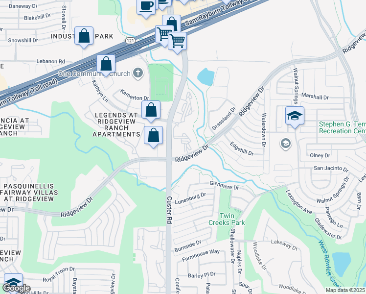 map of restaurants, bars, coffee shops, grocery stores, and more near 1300 North Custer Road in Allen