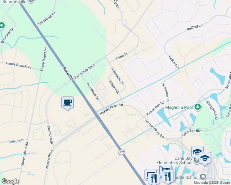 map of restaurants, bars, coffee shops, grocery stores, and more near 100 Oyama Road in Summerville