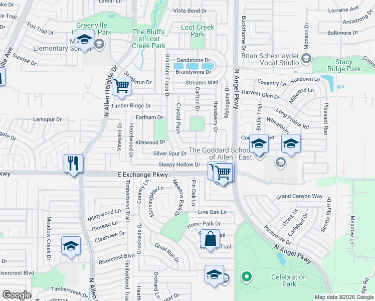 map of restaurants, bars, coffee shops, grocery stores, and more near 1522 Cliff Creek Drive in Allen