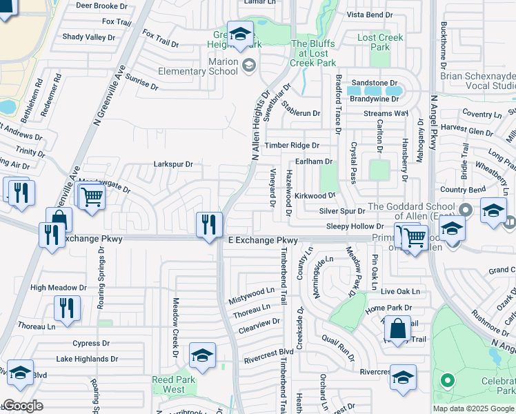 map of restaurants, bars, coffee shops, grocery stores, and more near 1318 Grapevine Drive in Allen