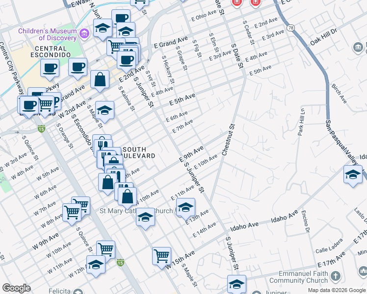 map of restaurants, bars, coffee shops, grocery stores, and more near 321 East 8th Avenue in Escondido