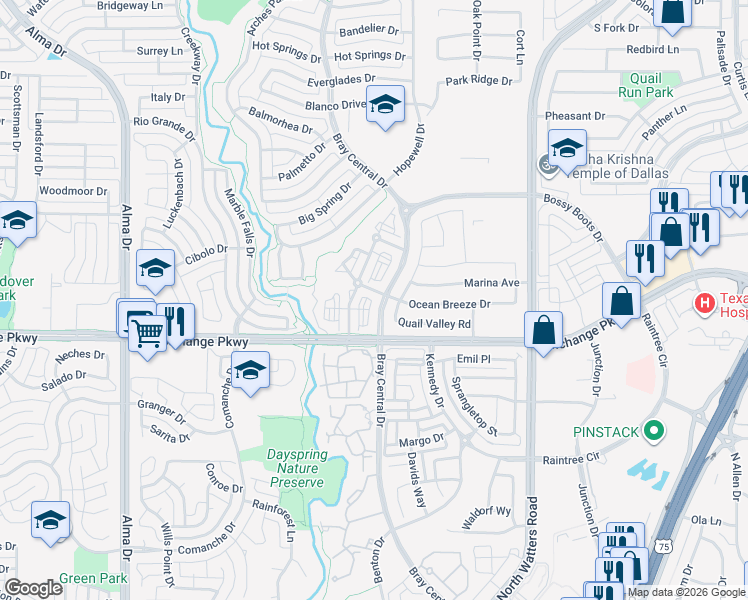 map of restaurants, bars, coffee shops, grocery stores, and more near 1301 Bray Central Drive in Allen
