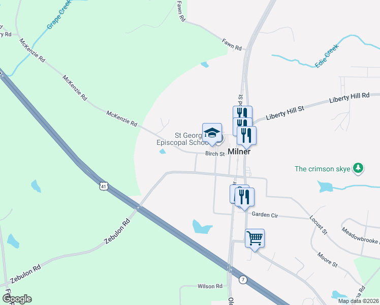 map of restaurants, bars, coffee shops, grocery stores, and more near Birch Street in Milner