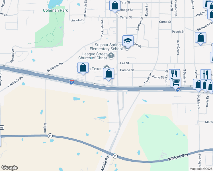 map of restaurants, bars, coffee shops, grocery stores, and more near 1530 Industrial Drive West in Sulphur Springs