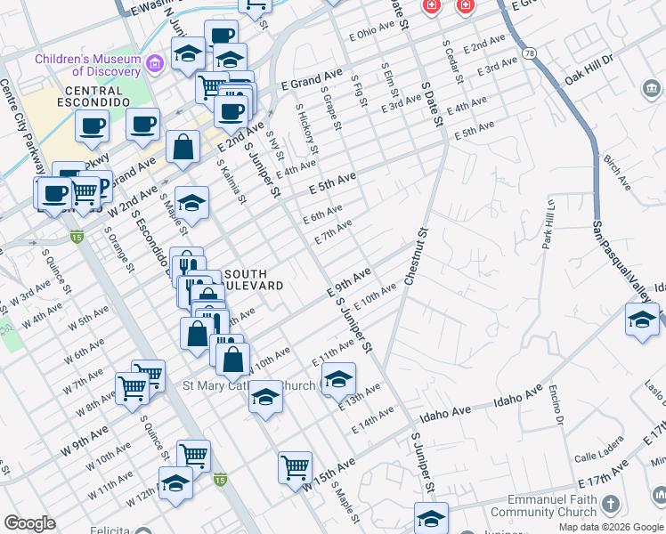 map of restaurants, bars, coffee shops, grocery stores, and more near 321 East 8th Avenue in Escondido