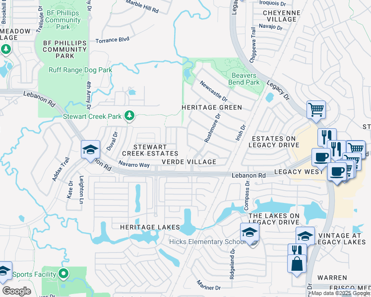 map of restaurants, bars, coffee shops, grocery stores, and more near 4321 Kenmare Trail in Frisco