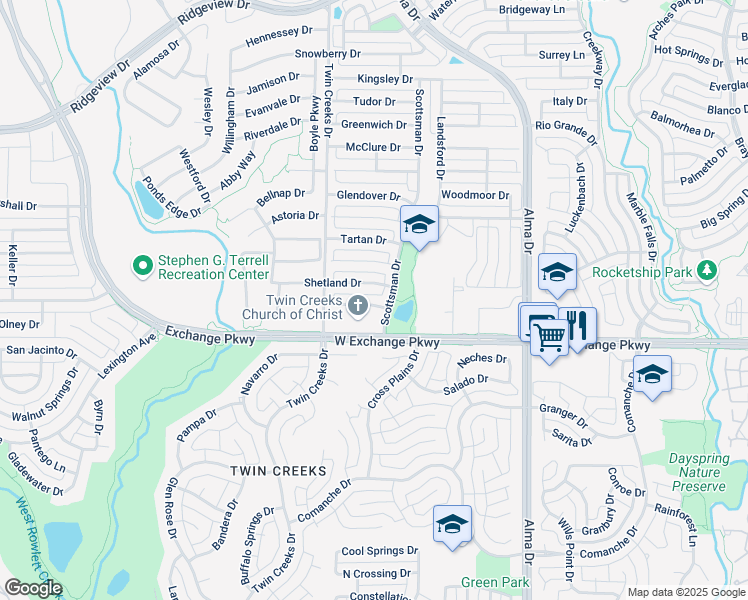 map of restaurants, bars, coffee shops, grocery stores, and more near 1410 Wallace Drive in Allen