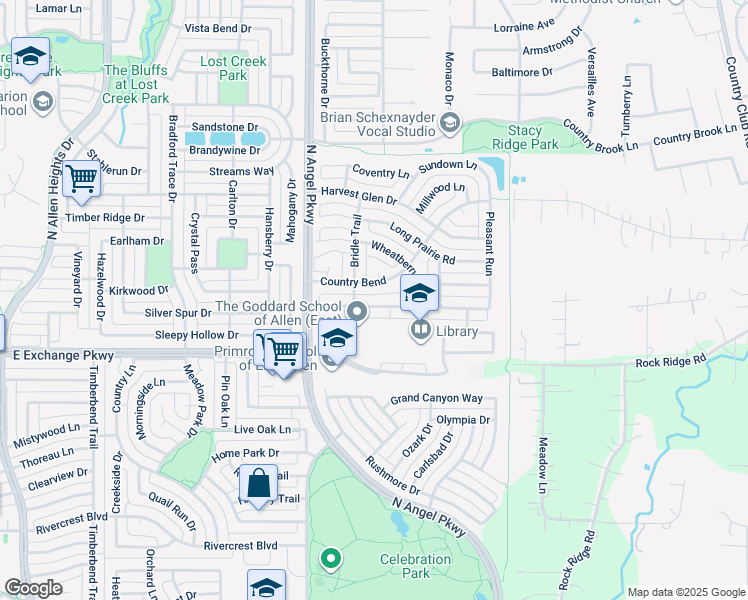 map of restaurants, bars, coffee shops, grocery stores, and more near 1707 Whispering Glen in Allen