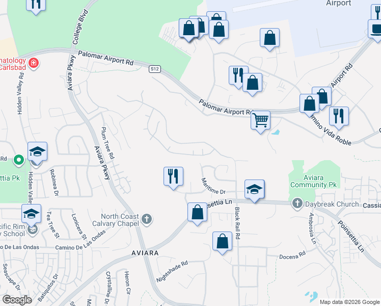map of restaurants, bars, coffee shops, grocery stores, and more near 6443 Amethyst Way in Carlsbad