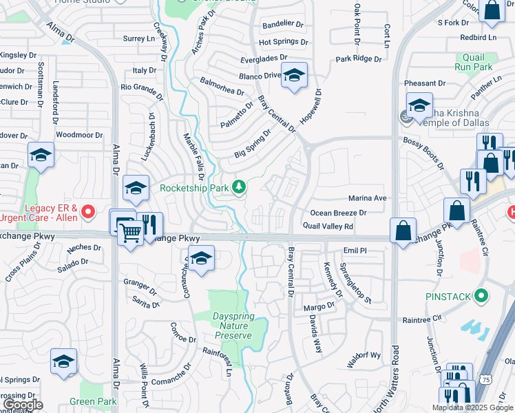 map of restaurants, bars, coffee shops, grocery stores, and more near 1090 West Exchange Parkway in Allen