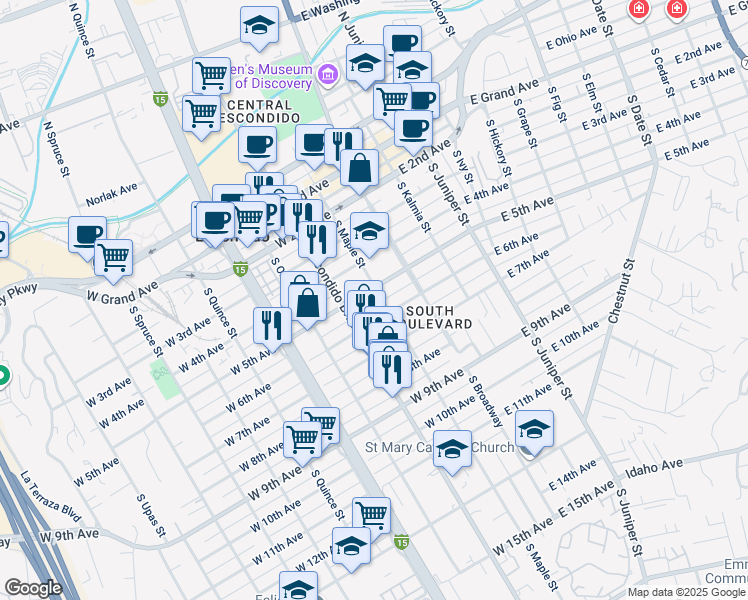map of restaurants, bars, coffee shops, grocery stores, and more near 205 West 5th Avenue in Escondido