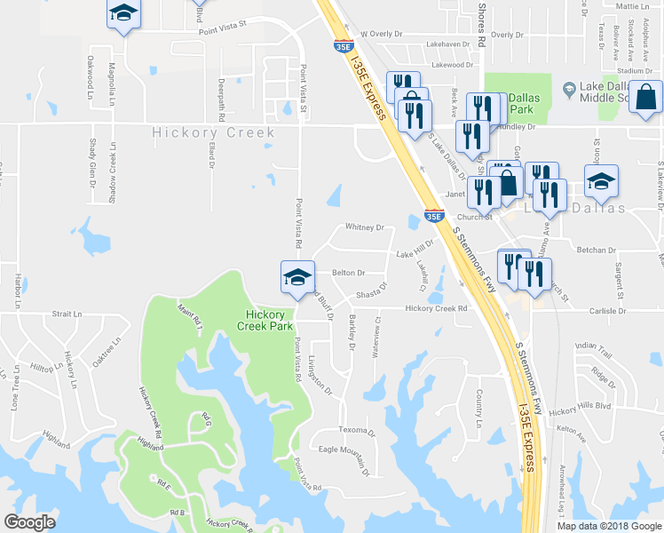 map of restaurants, bars, coffee shops, grocery stores, and more near 120 Belton Drive in Lake Dallas