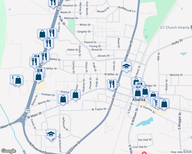 map of restaurants, bars, coffee shops, grocery stores, and more near 205 Polk Street in Atlanta