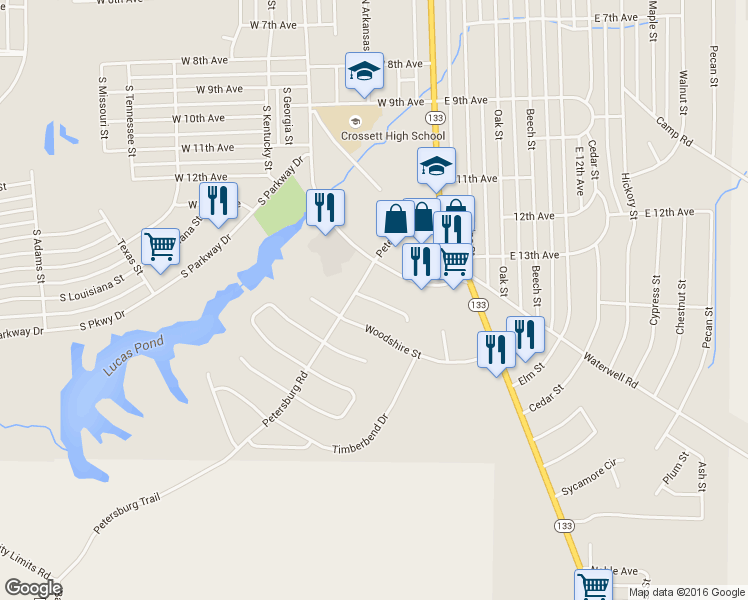 map of restaurants, bars, coffee shops, grocery stores, and more near Stonegate Court in Crossett