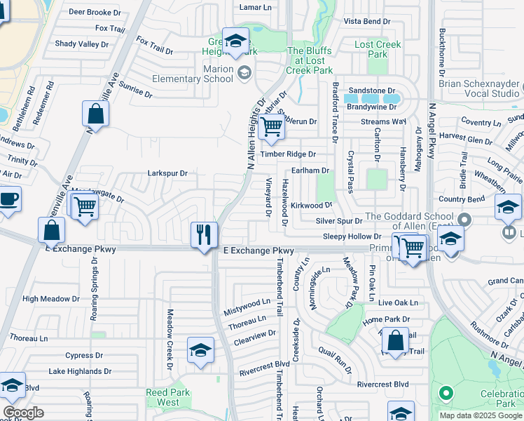 map of restaurants, bars, coffee shops, grocery stores, and more near 1318 Grapevine Drive in Allen