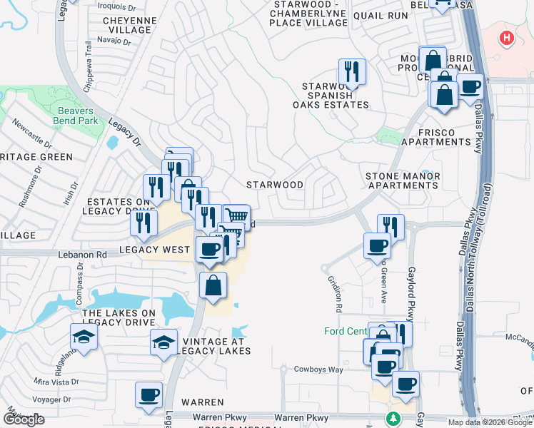 map of restaurants, bars, coffee shops, grocery stores, and more near 5881 Arminta Avenue in Frisco