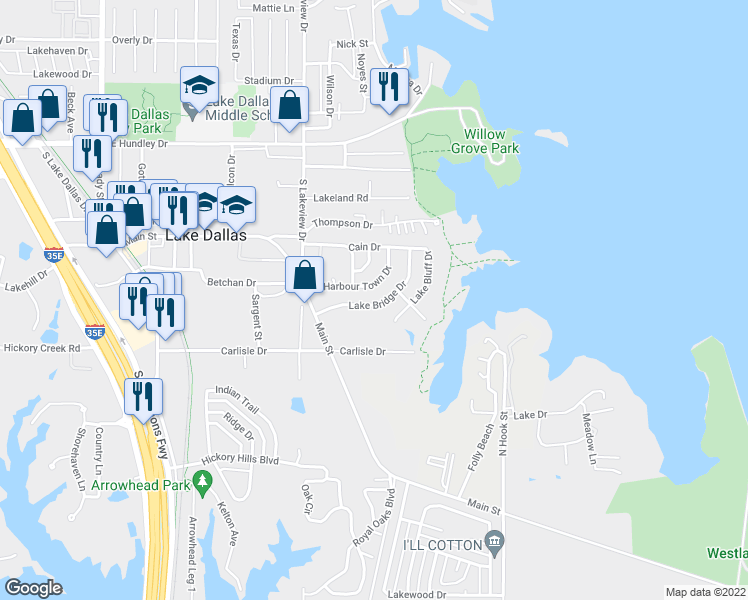 map of restaurants, bars, coffee shops, grocery stores, and more near 621 Lake Bridge Drive in Lake Dallas