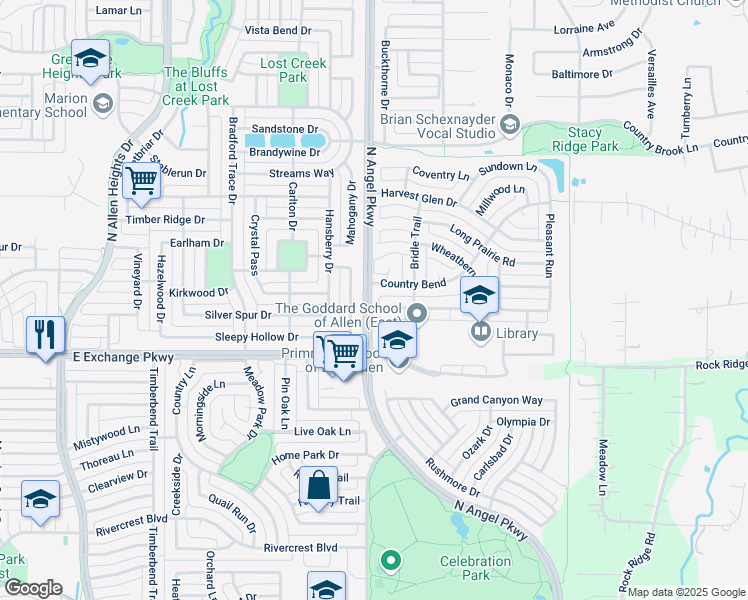 map of restaurants, bars, coffee shops, grocery stores, and more near 1601 Whispering Glen in Allen