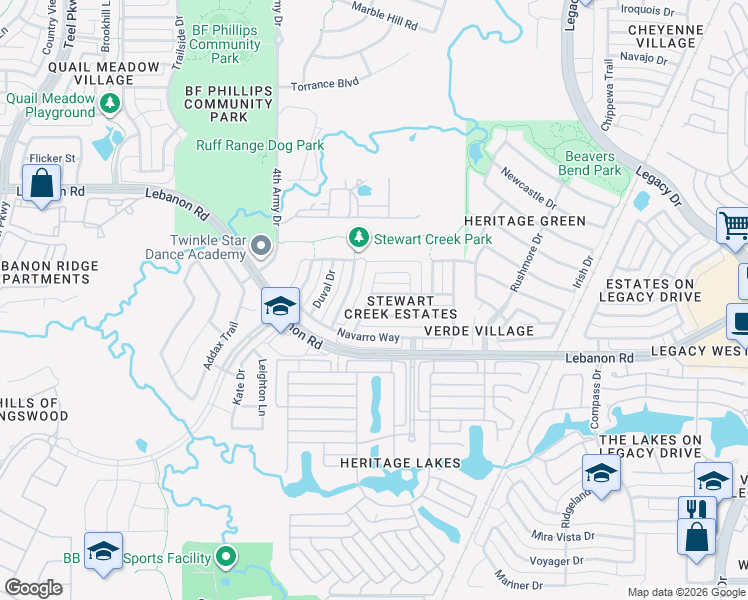 map of restaurants, bars, coffee shops, grocery stores, and more near 3801 Frio Way in Frisco