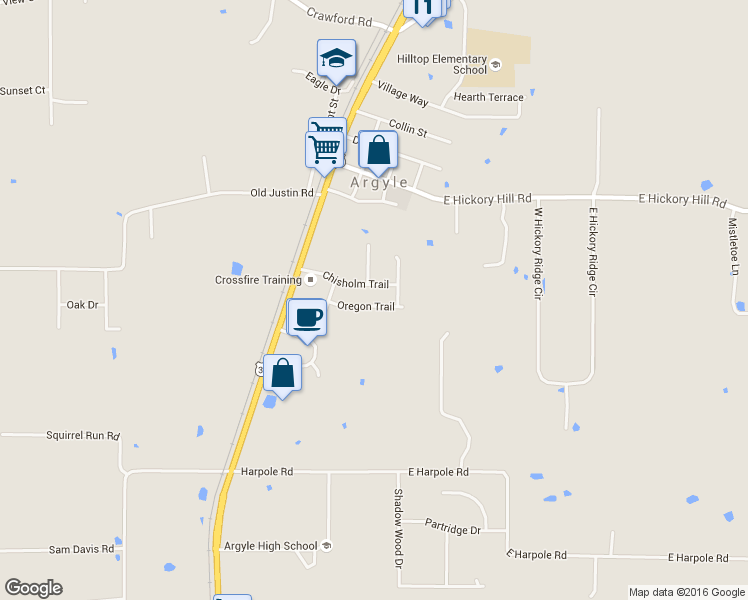 map of restaurants, bars, coffee shops, grocery stores, and more near 301 Oregon Trail in Argyle