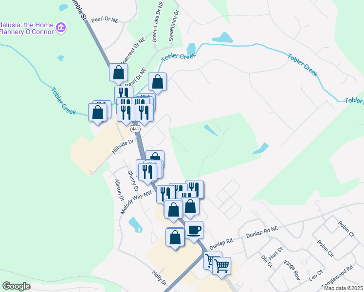 map of restaurants, bars, coffee shops, grocery stores, and more near 3017 Heritage Place in Milledgeville