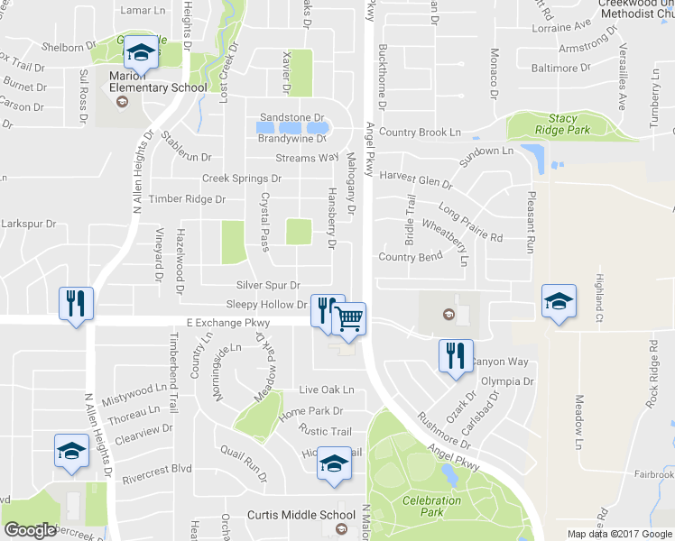 map of restaurants, bars, coffee shops, grocery stores, and more near 1308 Hansberry Drive in Allen