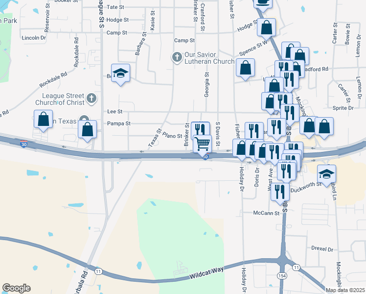 map of restaurants, bars, coffee shops, grocery stores, and more near 505 Brinker Street in Sulphur Springs