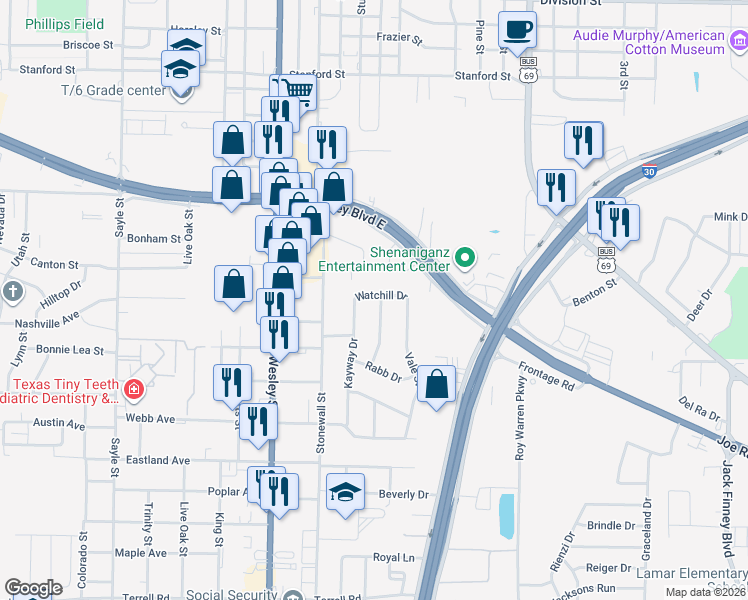 map of restaurants, bars, coffee shops, grocery stores, and more near 5300 Windy Hill Lane in Greenville