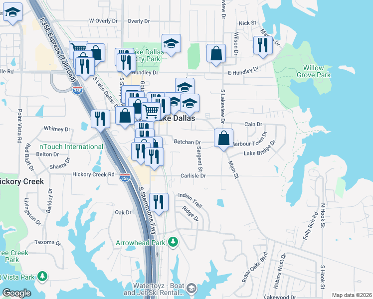 map of restaurants, bars, coffee shops, grocery stores, and more near 440 Betchan Drive in Lake Dallas