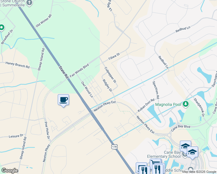 map of restaurants, bars, coffee shops, grocery stores, and more near 100 Oyama Road in Summerville